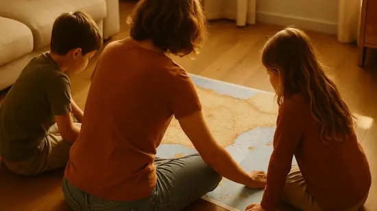Una familia observa un mapa de España en el suelo del salón.