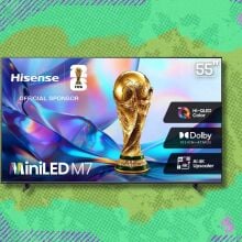hisense tv against a green patterned background