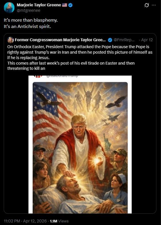 An X post by Marjorie Taylor Greene. She calls Trump the antichrist.