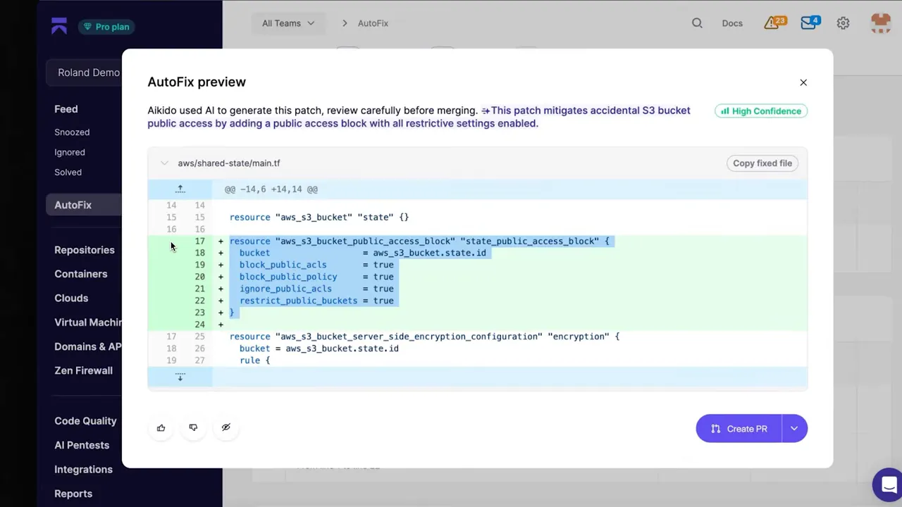 AutoFix modal showing an AI-generated Terraform diff and the Create PR button