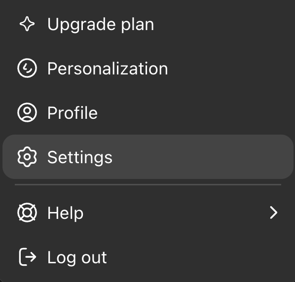 A screenshot of the ChatGPT interface highlighting where to find the Settings option after clicking your profile name