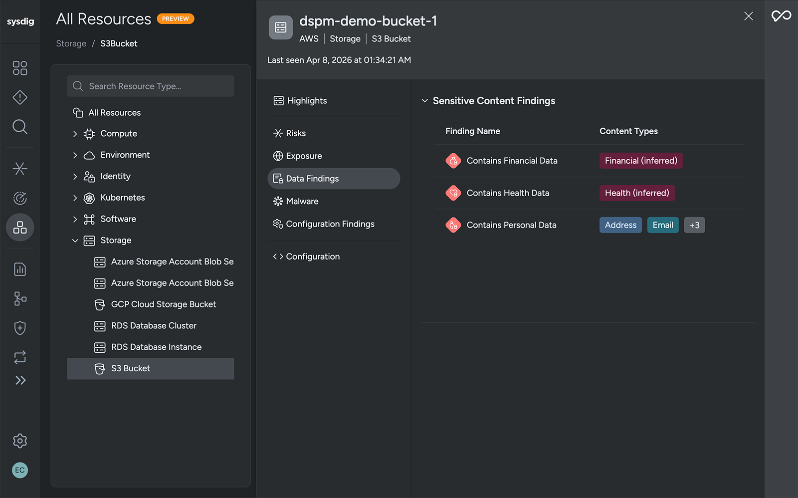Data storage findings UI in Sysdig Secure