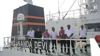 HOMECOMING. The captain and crew of LPG carrier Nanda Devi, the second Indian vessel to cross the Strait of Hormuz in March