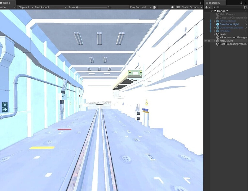 Unity editor scene with extreme overexposure where the indoor environment appears overbright and washed out, causing loss of detail