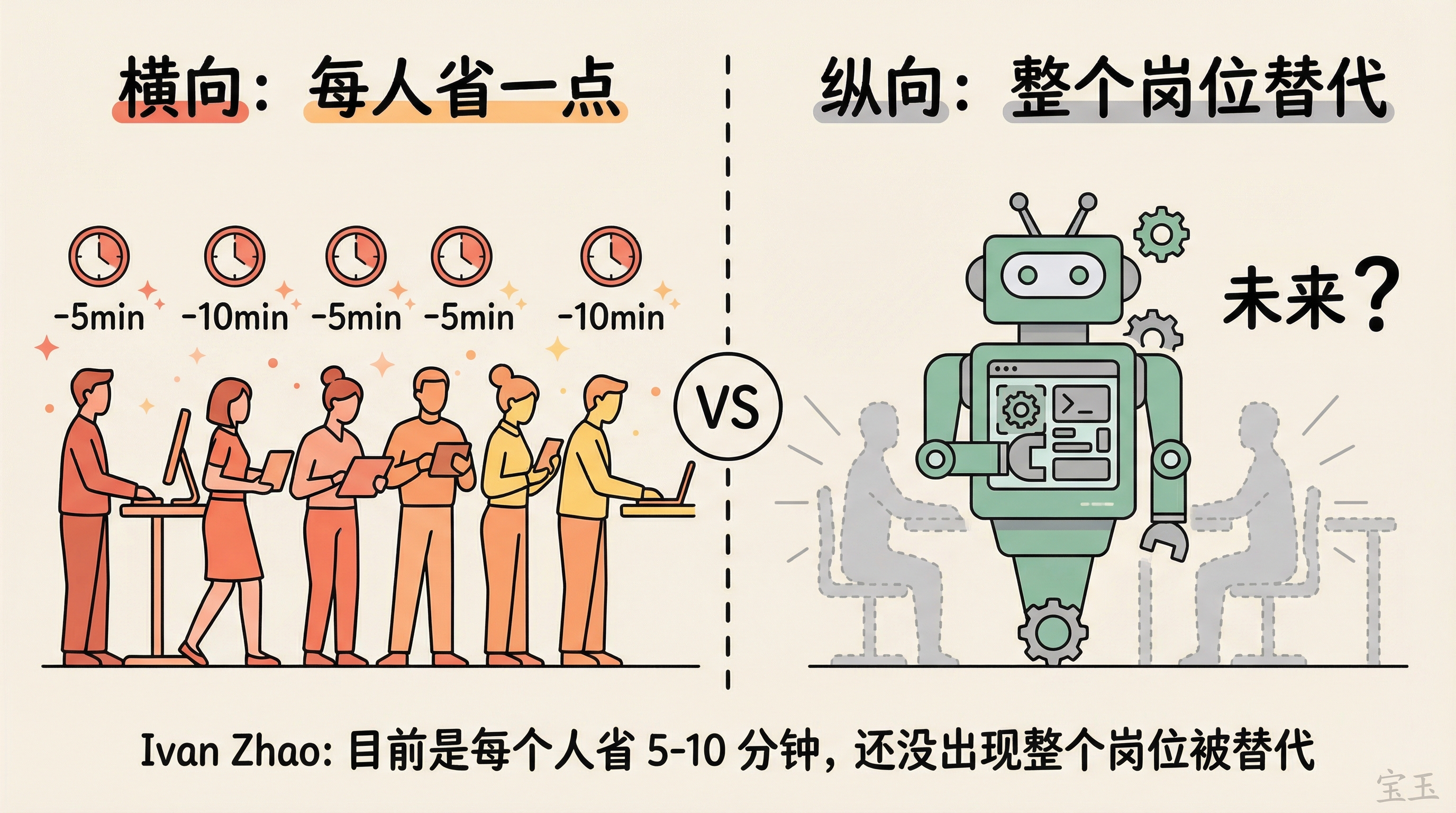 AI 省时间的两种形态：横向每人省一点 vs 纵向整个岗位替代