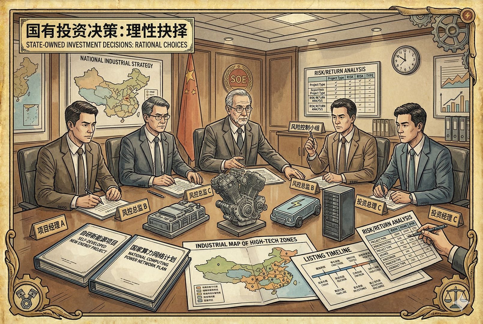 一间国资风格的会议室内,几位投资经理面对项目材料、产业地图和上市时间表审慎讨论,桌上同时摆着摩托车模型与新能源、算力项目文件,体现投资取舍与理性权衡,羊皮纸,钢笔彩色手绘的统一风格。