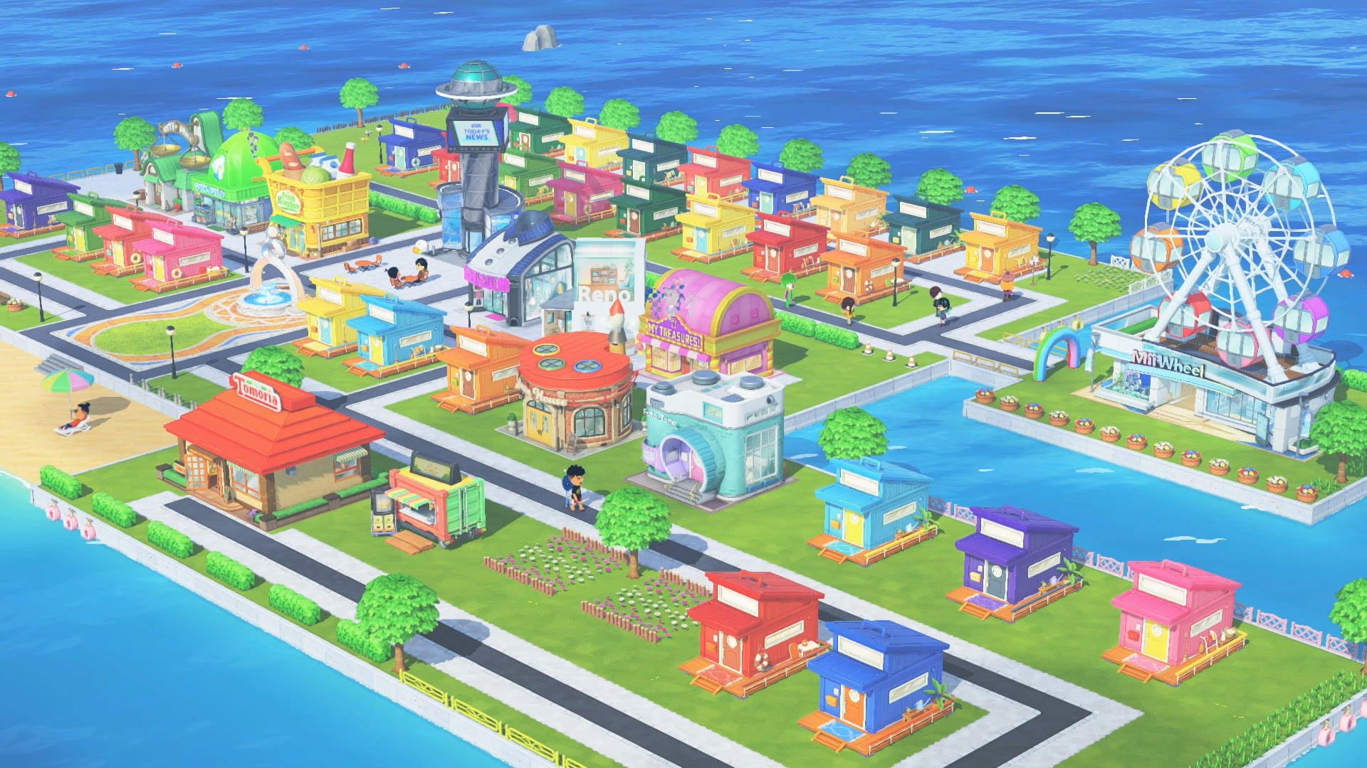 A vibrant virtual town from the game Tomodachi Life: Living the Dream featuring colorful buildings, a ferris wheel labeled MilWheel, and a beachfront store named Tomoria.