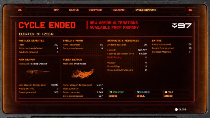 A game screen shows a 'CYCLE ENDED' summary with 397 hostiles defeated, main weapon 'Reaping Chakram,' power weapon 'Prominence,' and collected resources including 130,727 Lucenite.