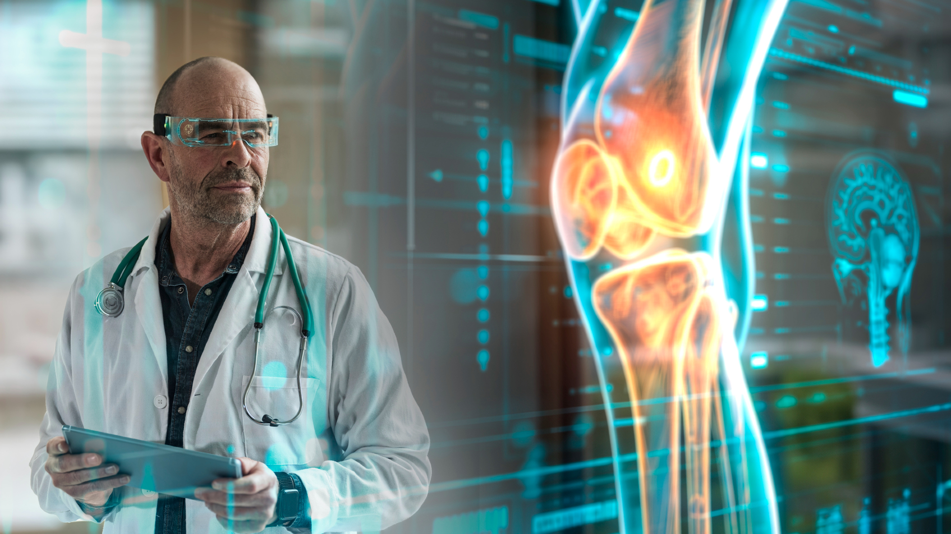 A man with clear glasses wearing a white lab coat and stethoscope looks at a holographic blue and orange image of a leg and leg bone.