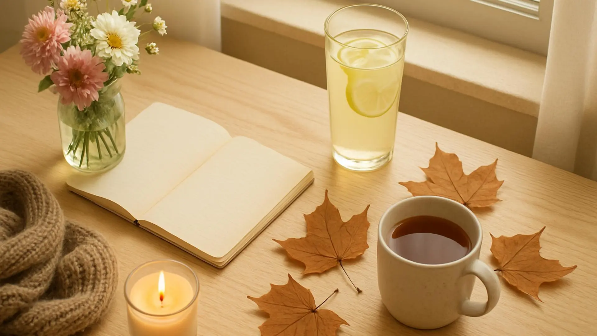 Una mesa con objetos que representan las cuatro estaciones del año en una composición cálida y luminosa.