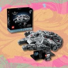 lego star wars millennium falcon set against a yellow, pink, and green patterned background