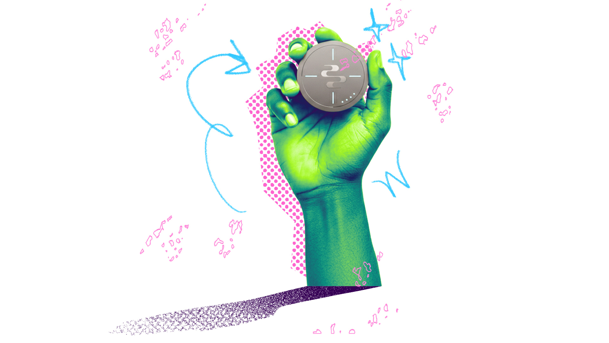 An illustrated photo composite of a hand holding the Sonorus device.