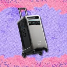 anker solix f3800 plus portable power station against a pink and purple patterned background