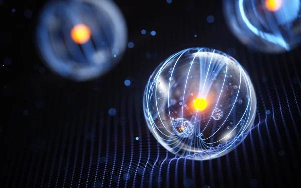 Abstract image shows quantum particles in superposition, each with a glowing yellow nucleus, used to illustrate a story about changing the arrow of time in a quantum system.