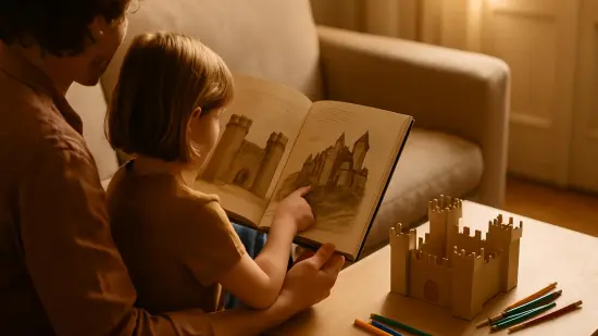 Un adulto y un niño miran juntos un libro ilustrado de castillos mientras hacen una manualidad en casa.