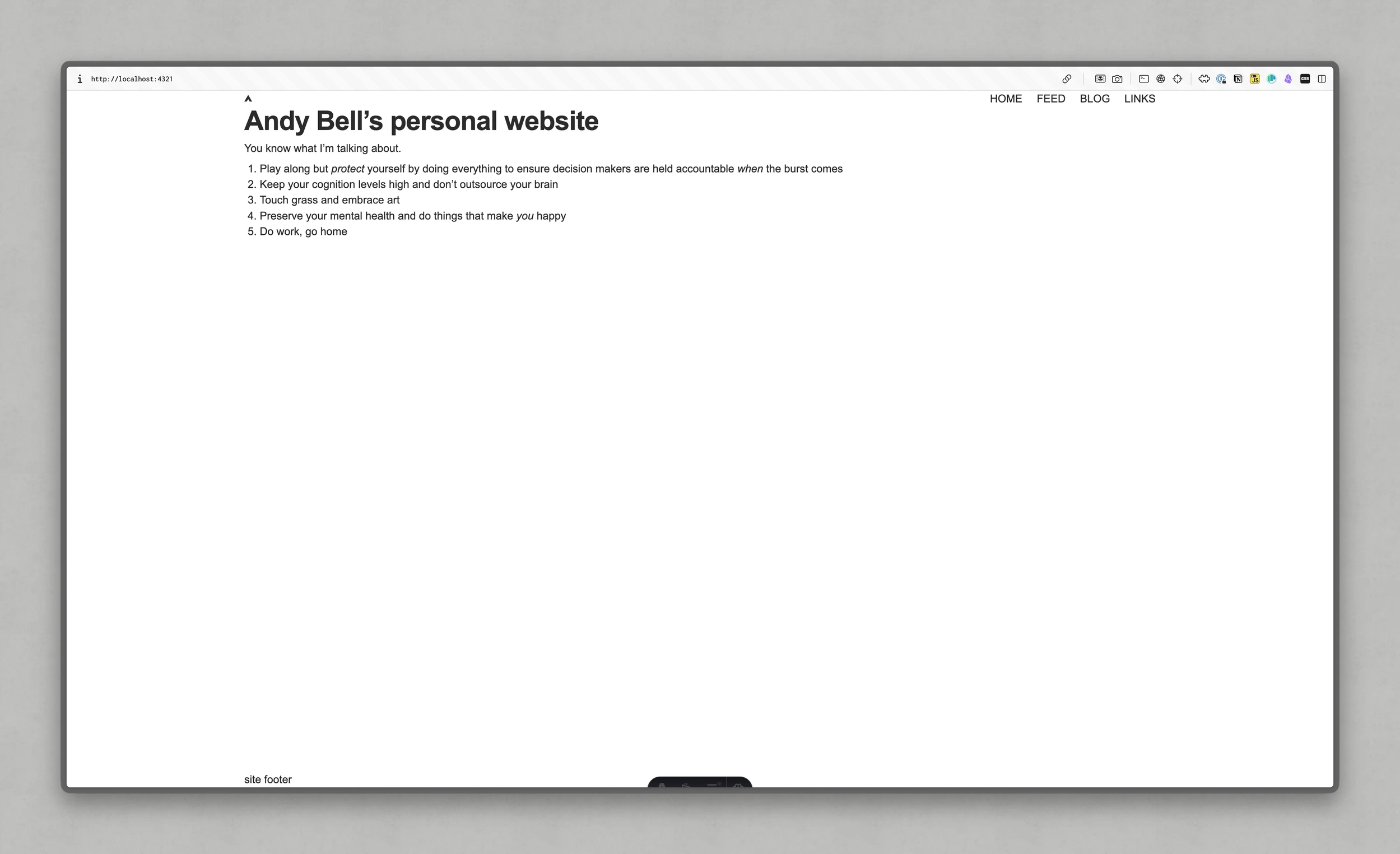 A clip of my homepage, showing the article that's linked below. Essentially some basic prose content, a basic nav and footer are on screen.