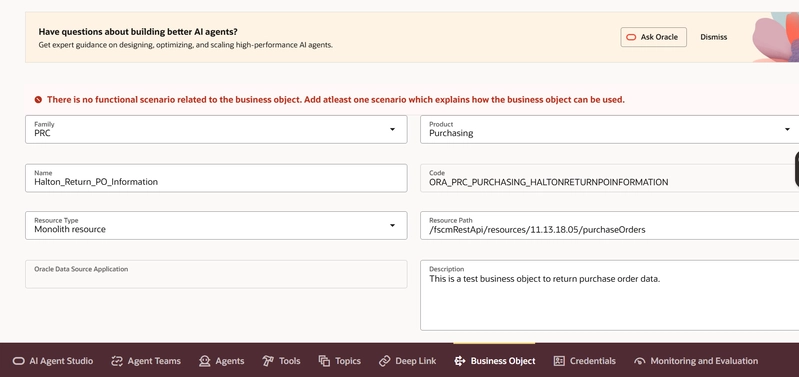 Screenshot showing the configuration of business object