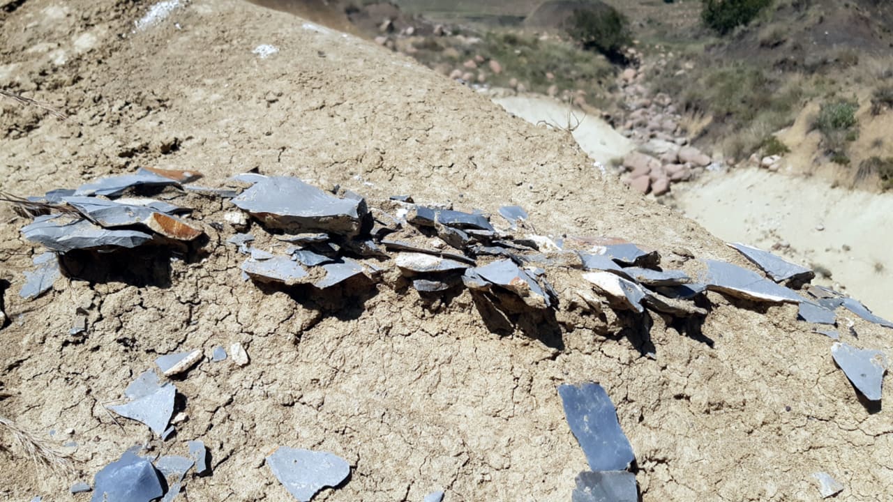 Dozens of large and small stone flakes and production waste found at the  Jojosi excavation site in eastern South Africa, April 11, 2026.