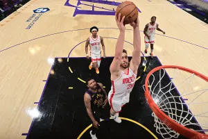 LOS ANGELES, CA - APRIL 21: Alperen Sengun #28 of the Houston Rockets dunks the ball during the game against the Los Angeles Lakers during Round One Game Two of the 2026 NBA Playoffs on April 21, 2026 at Crypto.Com Arena in Los Angeles, California. NOTE TO USER: User expressly acknowledges and agrees that, by downloading and/or using this Photograph, user is consenting to the terms and conditions of the Getty Images License Agreement. Mandatory Copyright Notice: Copyright 2026 NBAE (Photo by Adam Pantozzi/NBAE via Getty Images)