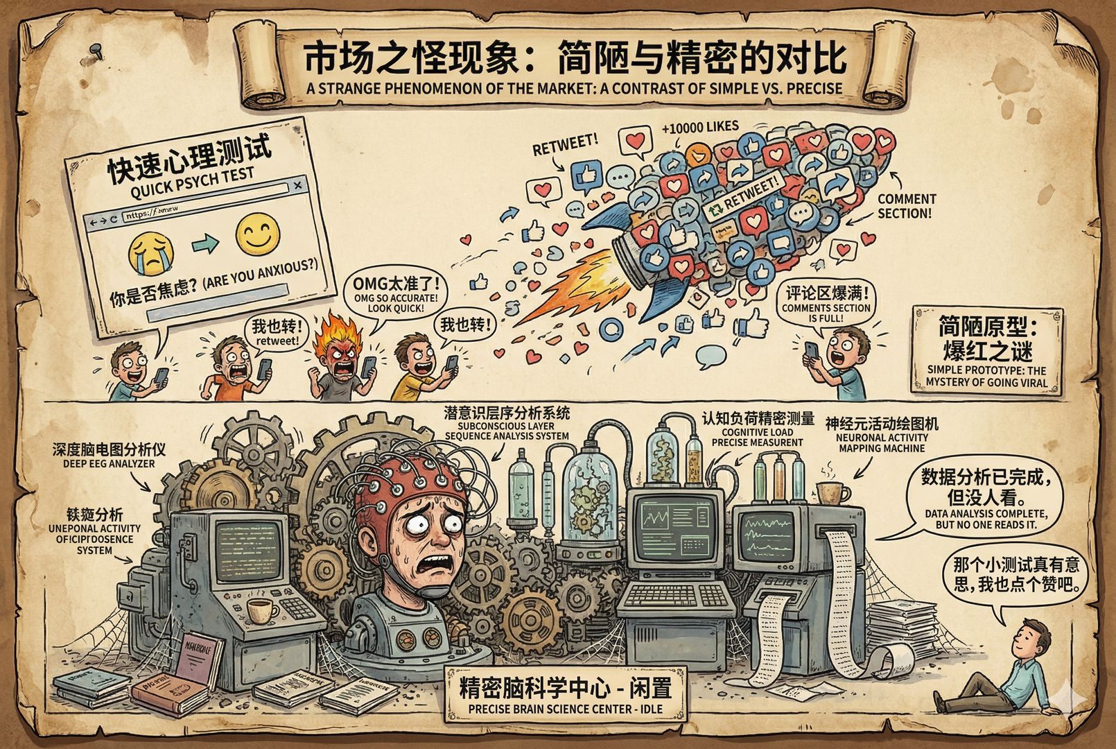 一个看上去粗糙简陋的小网页原型被无数点赞、转发、评论图标托举着升空,下面则是一台复杂精密却无人围观的大机器,形成鲜明对比,羊皮纸,钢笔彩色手绘的统一风格。
