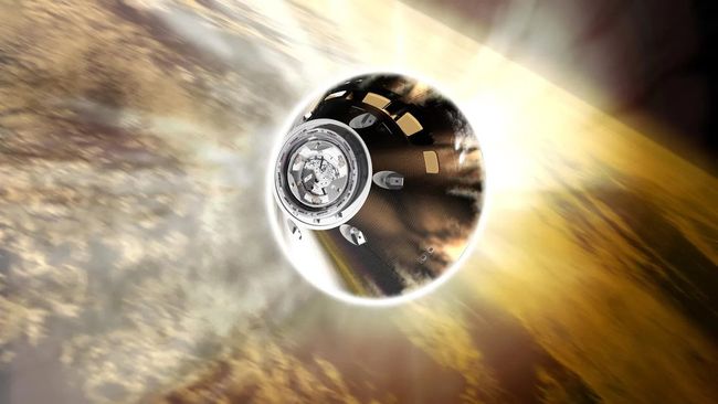 An artist's illustration of the Artemis capsule completing a fiery reentry,