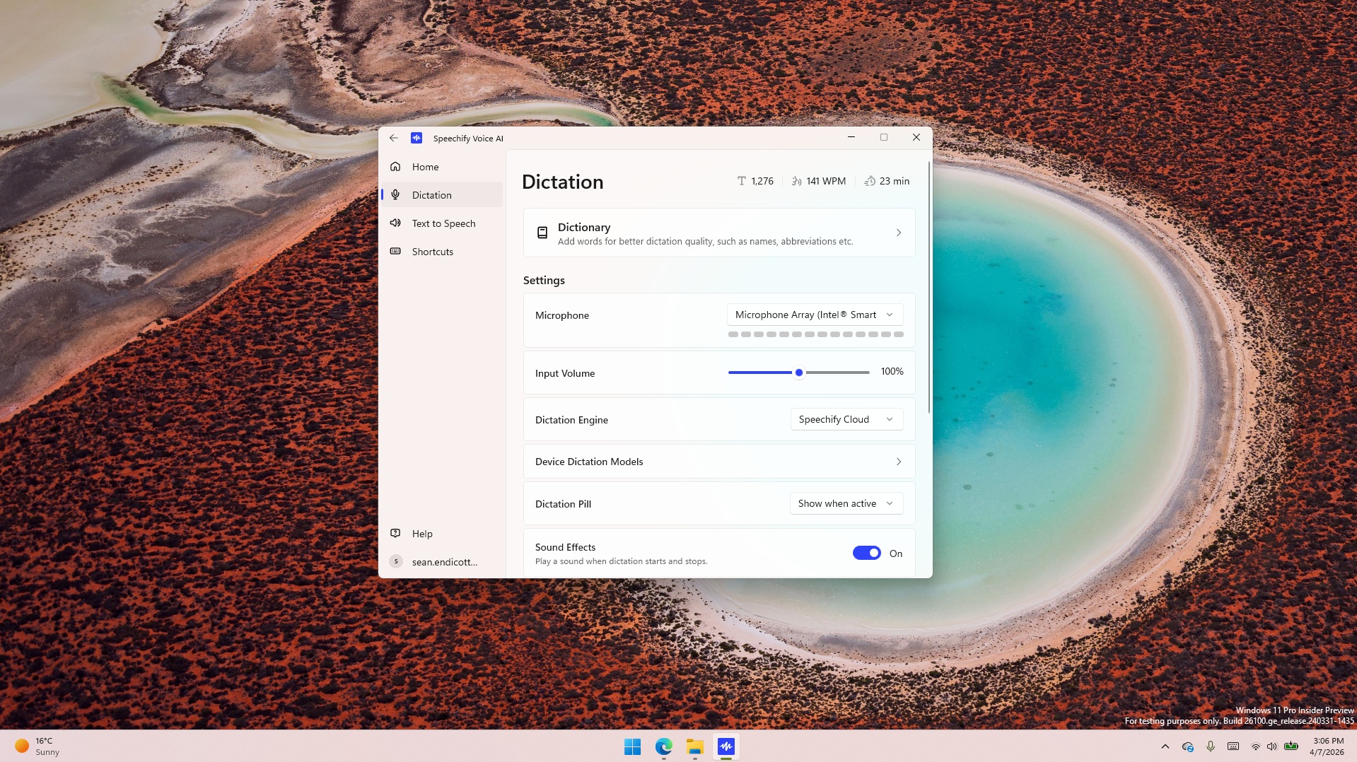 Speechify Voice AI app on Windows 11 showing the Dictation settings menu, including microphone selection and dictation engine options.