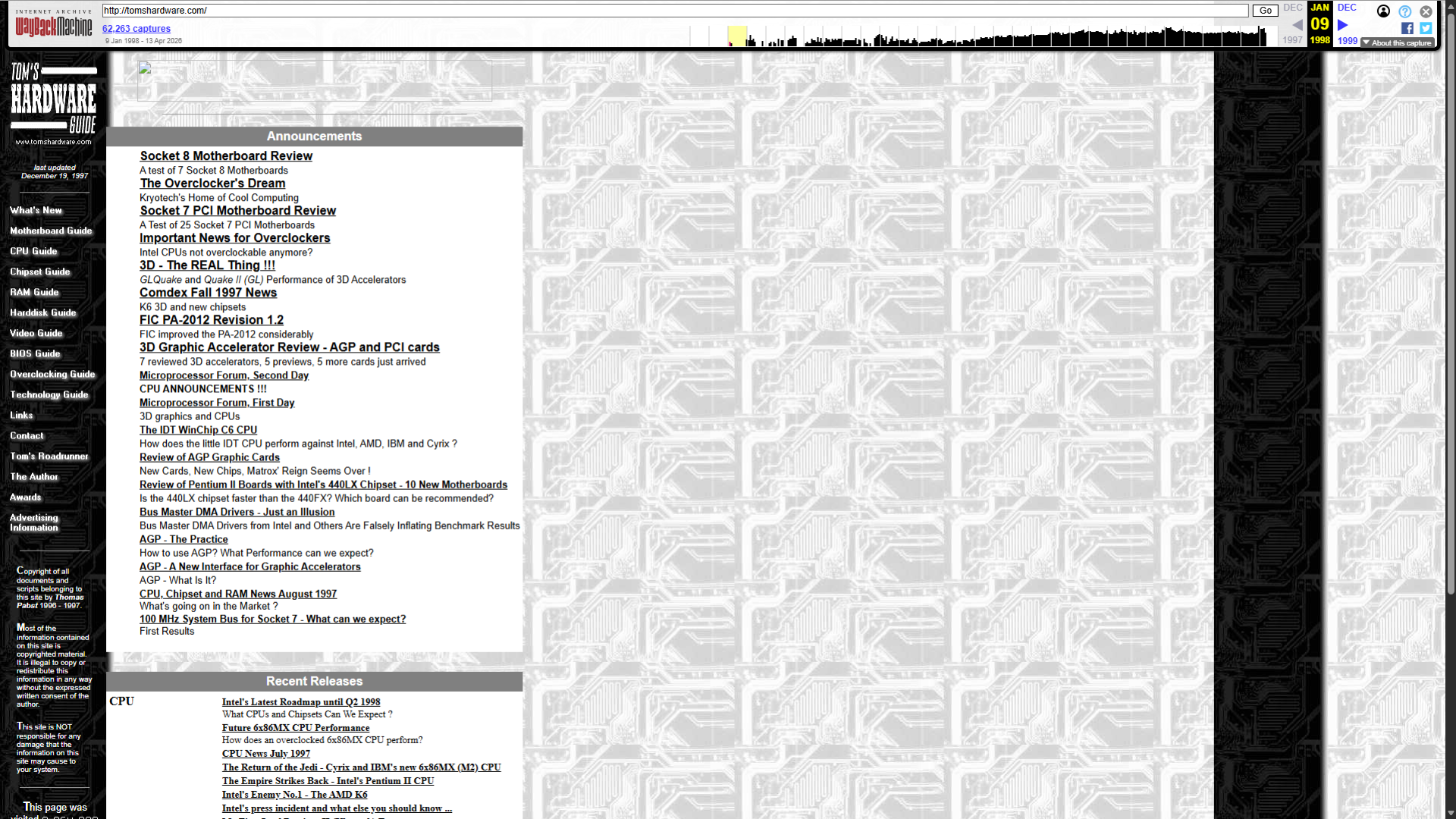 A Wayback Machine snapshot of the Tom's Hardware homepage from 1997
