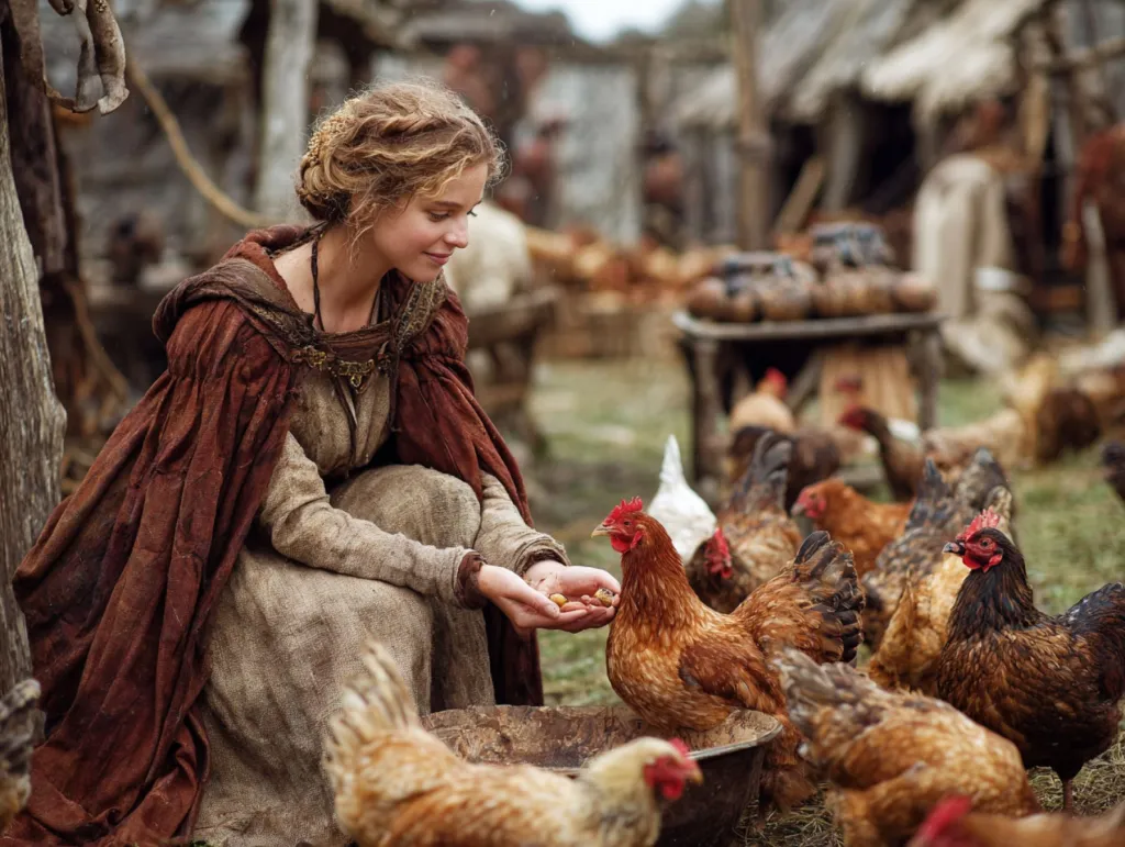 Joven dando de comer a las gallinas