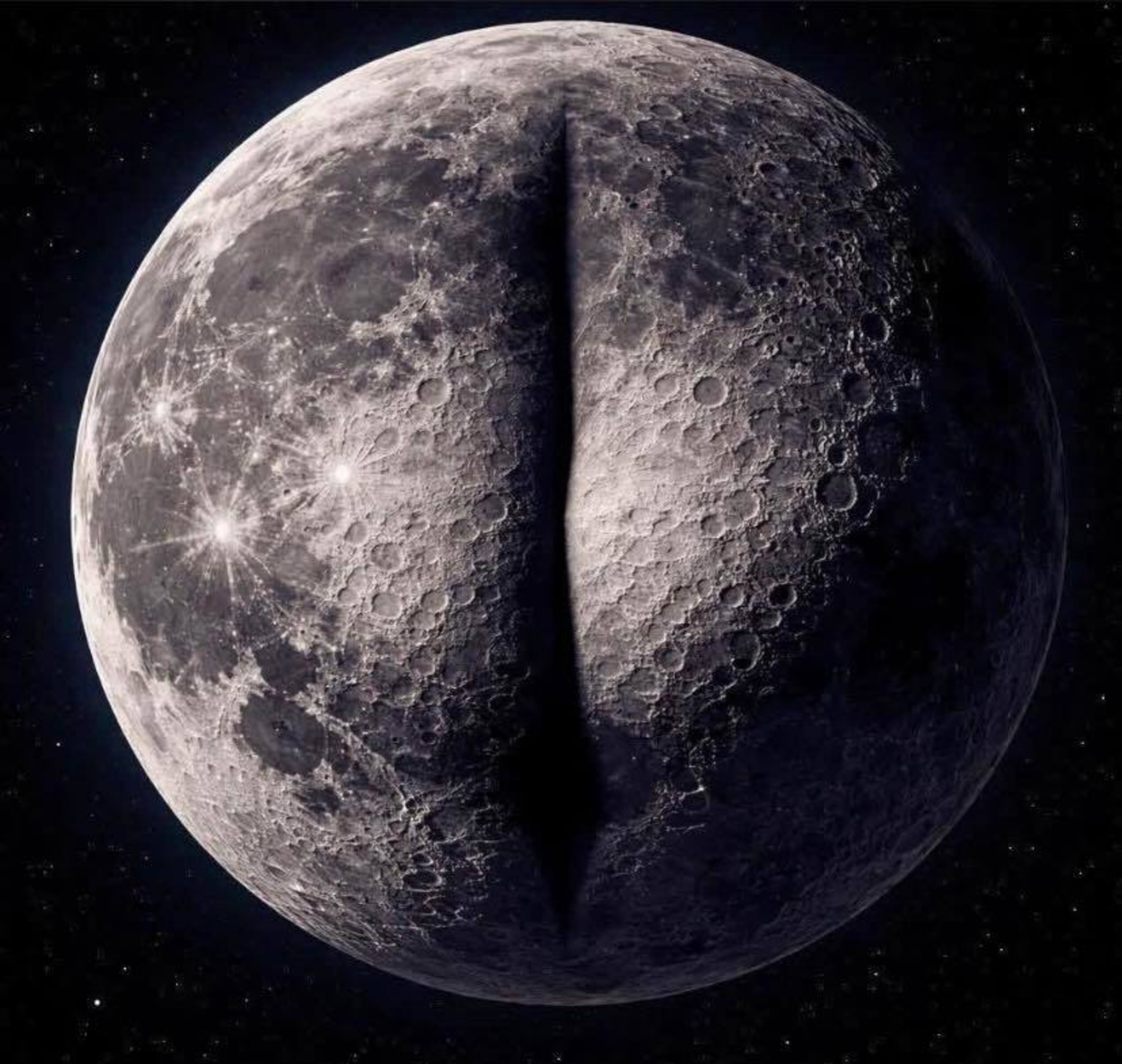 A full moon with a deep, sharp vertical shadow down its center, resembling a slit, surrounded by a starry night sky.