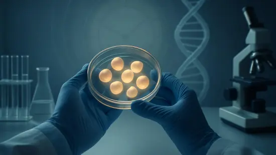 Manos enguantadas sostienen una placa de Petri en un laboratorio, con una hélice de ADN difusa al fondo que sugiere los límites de la clonación.