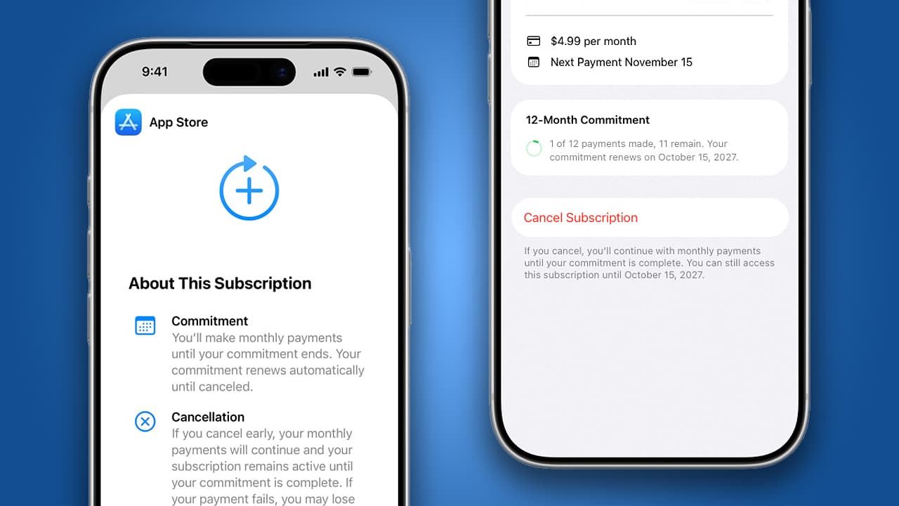 Two iPhones showing an iOS App Store subscription payment option.