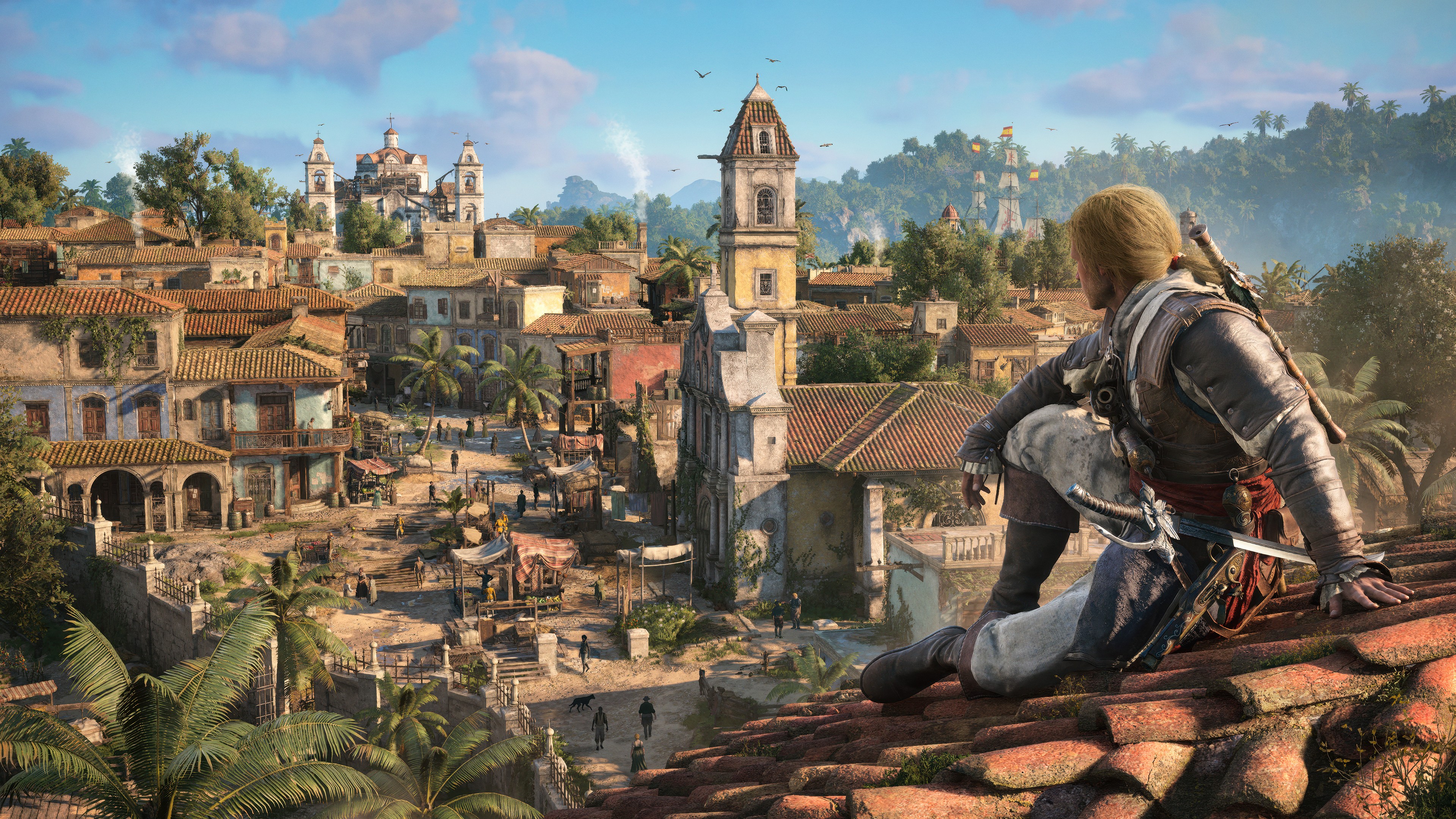A screenshot from Assassin's Creed Black Flag Resynced showing Edward Kenway on a rooftop.