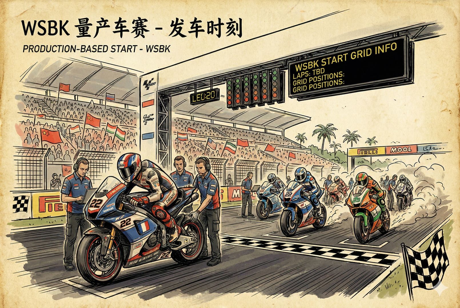 WSBK量产车赛事的发车区全景,维修区、发车灯、统一编号的量产赛车并列待发,一名法国车手戴着头盔准备登车,赛道边站着工程师与技师,专业比赛氛围浓厚,羊皮纸,钢笔彩色手绘的统一风格。