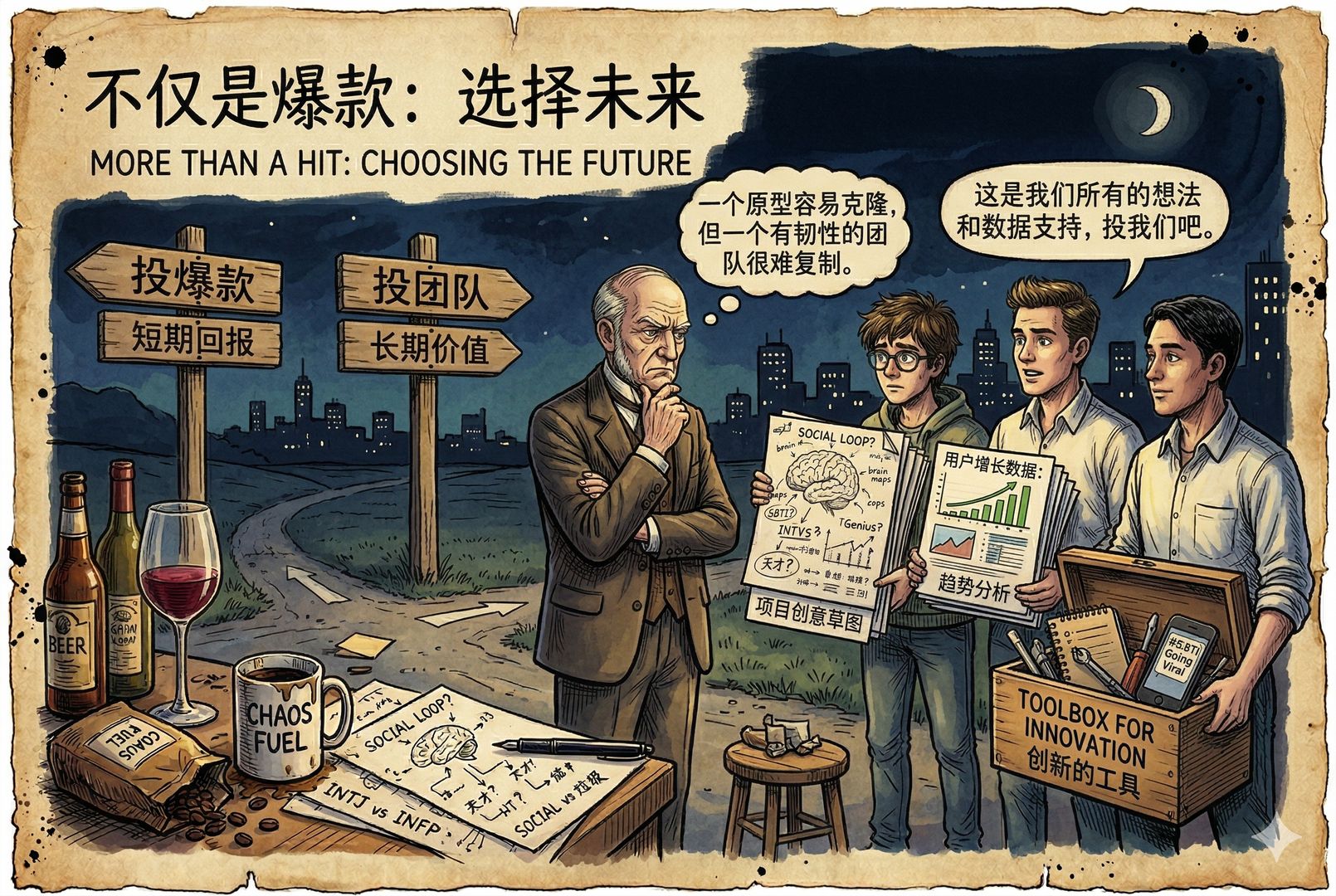 一位投资人与一个小团队站在岔路口前,不再盯着单一产品原型,而是看向团队手里的一叠创意草图、数据纸张和工具箱,象征“投团队而不是投单个爆款”,羊皮纸,钢笔彩色手绘的统一风格。