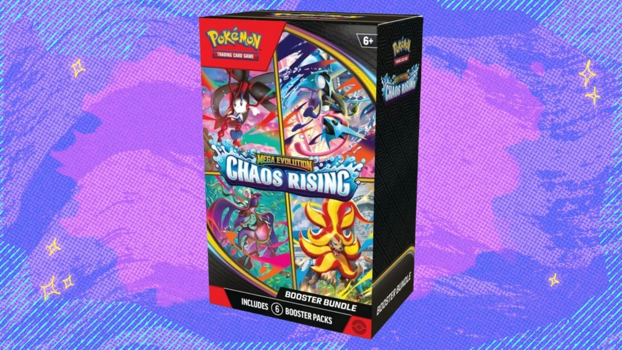The Pokémon TCG Mega Evolution — Chaos Rising Booster Bundle on a blue and purple background