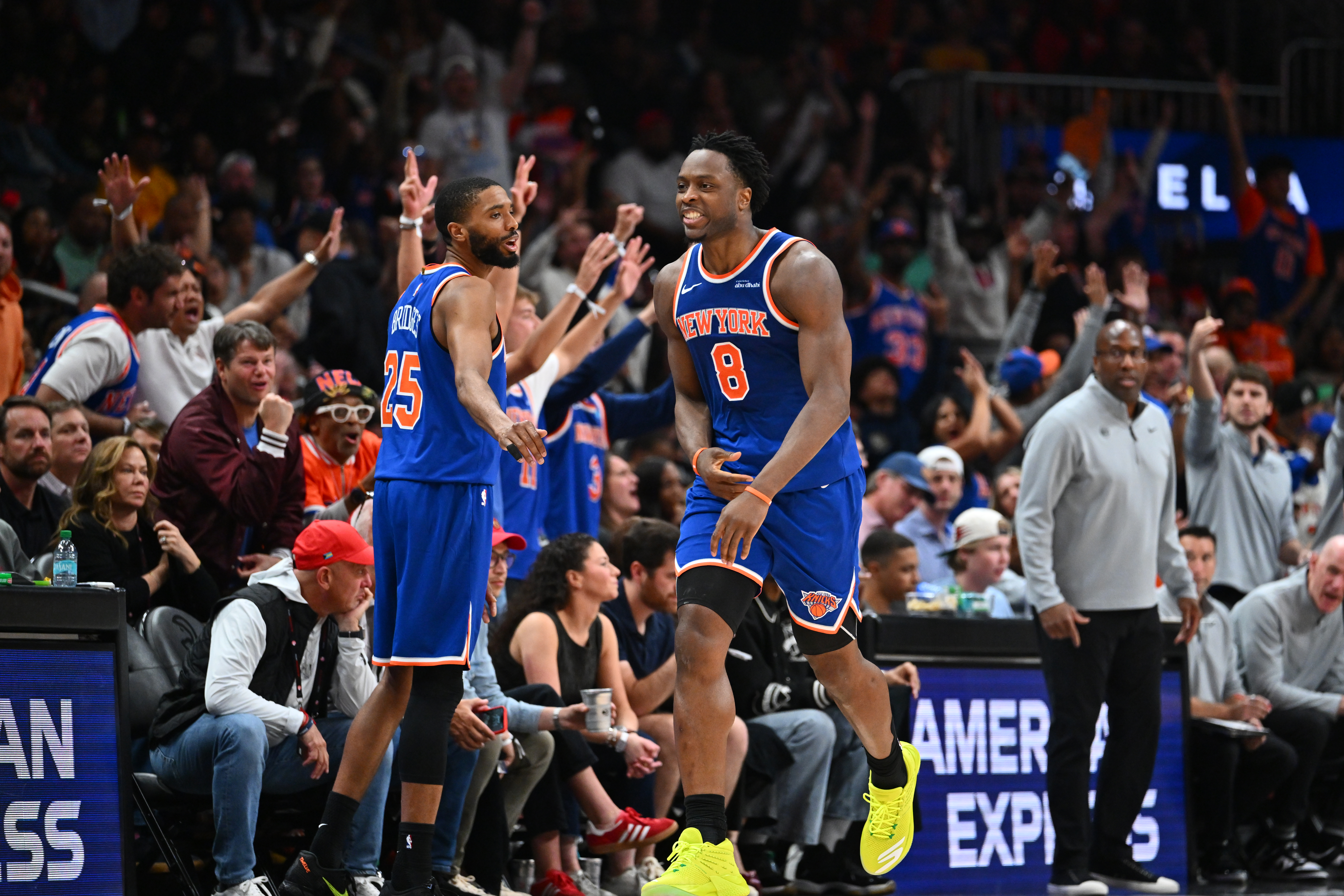 ATLANTA, GA - APRIL 25: OG Anunoby #8 of the New York Knicks celebrates a three point basket during the game against the Atlanta Hawks during Round 1 Game 4 of the 2026 NBA Playoffs on April 25, 2026 at State Farm Arena in Atlanta, Georgia. NOTE TO USER: User expressly acknowledges and agrees that, by downloading and/or using this Photograph, user is consenting to the terms and conditions of the Getty Images License Agreement. Mandatory Copyright Notice: Copyright 2026 NBAE (Photo by Adam Hagy/NBAE via Getty Images)