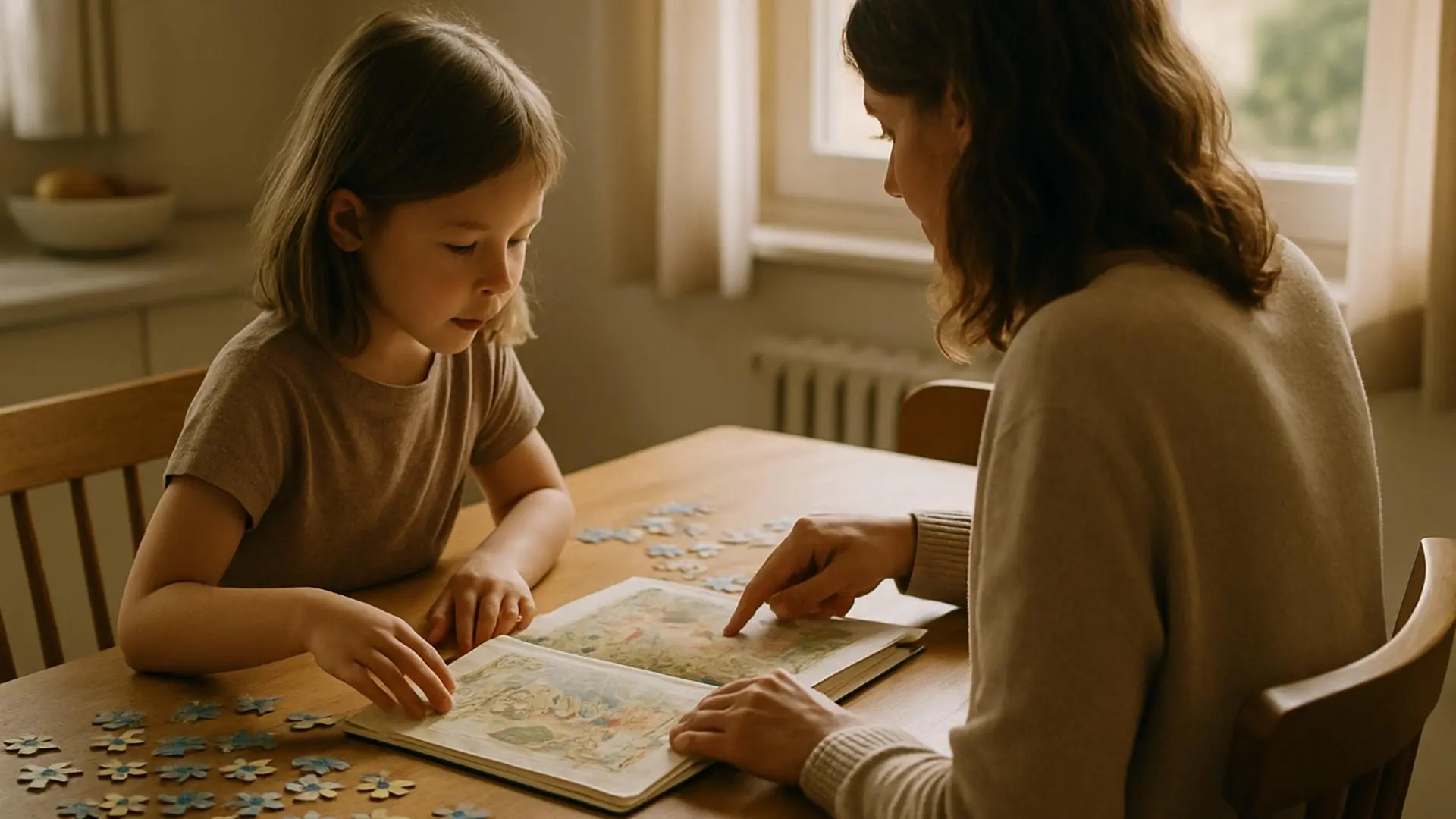 Un adulto y un niño comparten un momento de lectura y juego en casa.