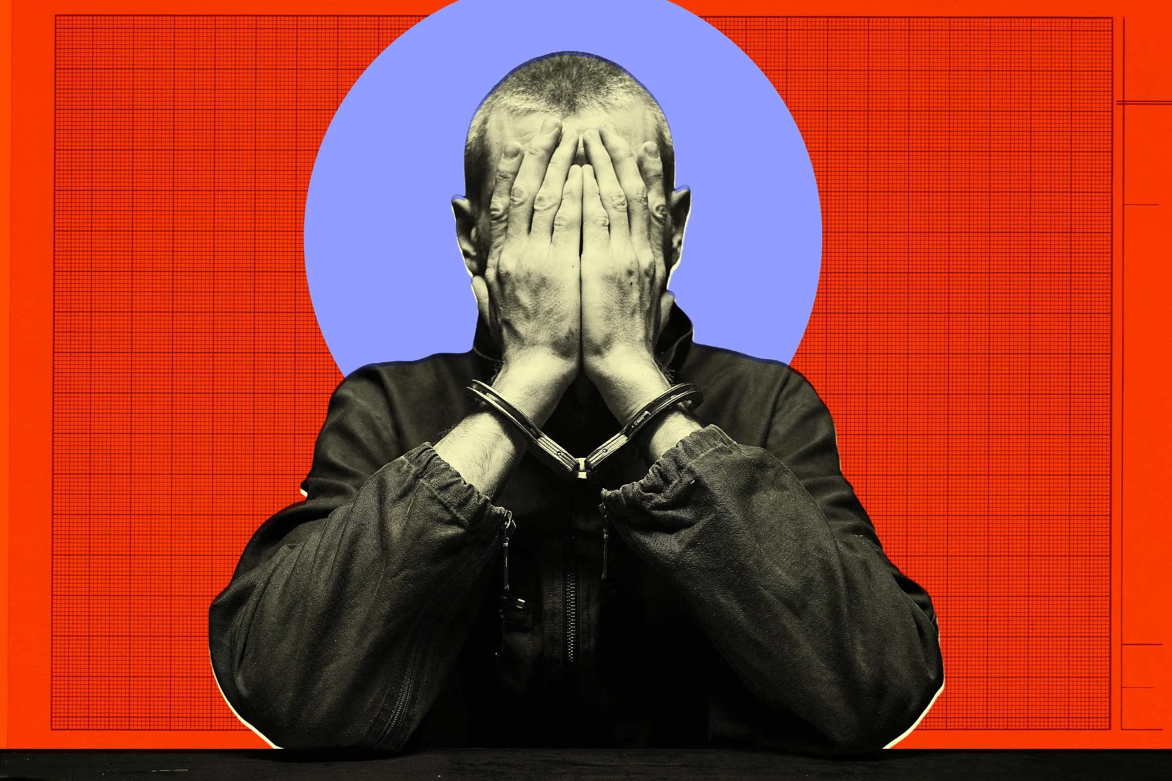 A person with short hair wearing a dark jacket is sitting with their hands covering their face. Their wrists are secured with handcuffs. The background features a large blue circle centered behind the person, set against a red backdrop with a grid pattern.