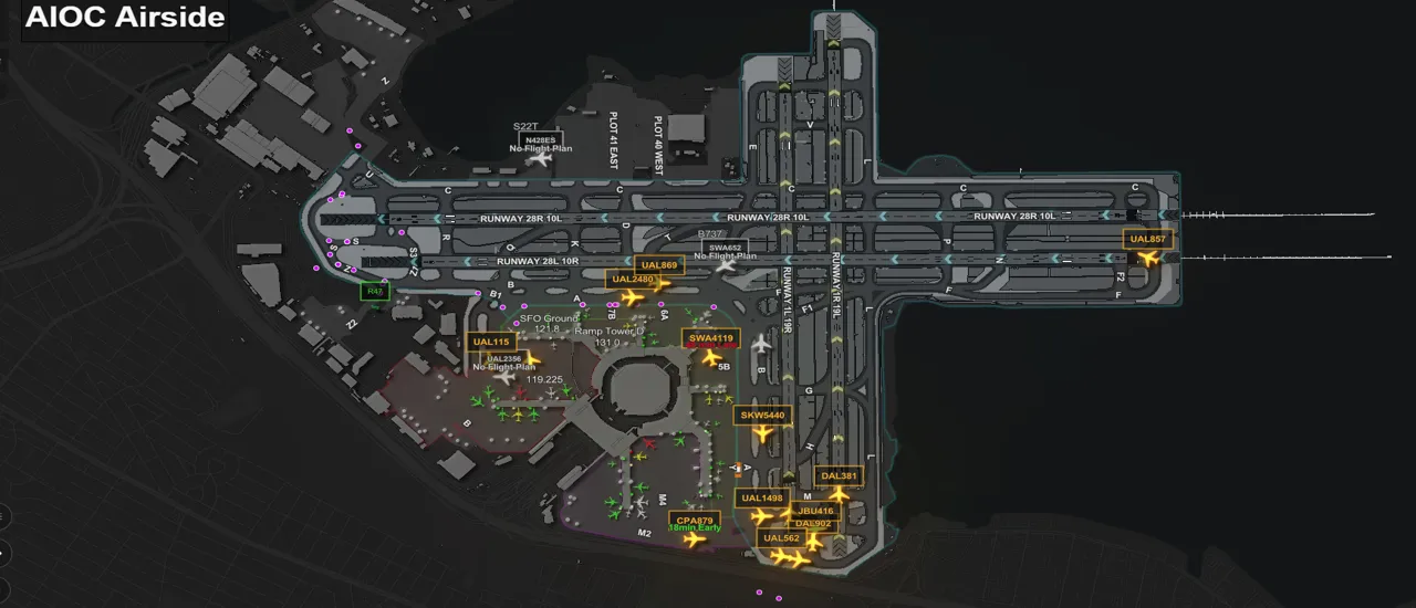 SFO's digital twin includes a dashboard displaying real-time aircraft movement and gate availability. Source: Nancy ByunRiedel, director of the AIOC for SFO. SFO's digital twin includes a dashboard displaying real-time aircraft movement and gate availability. Source: Nancy ByunRiedel, director of the AIOC for SFO.