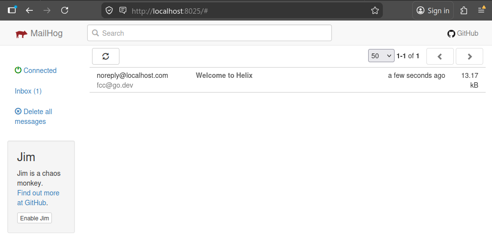 MailHog UI for previewing mails