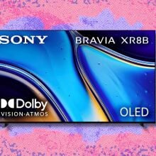 sony 65-inch bravia xr8b oled 4k tv against a pink and purple patterned background