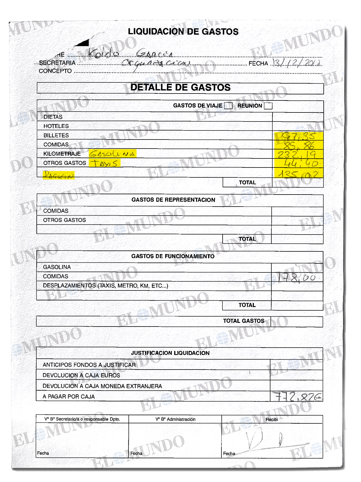Hoja de liquidaci�n de gastos a nombre de Koldo Garc�a.