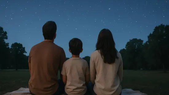 Una familia observa el cielo estrellado al anochecer desde un parque.