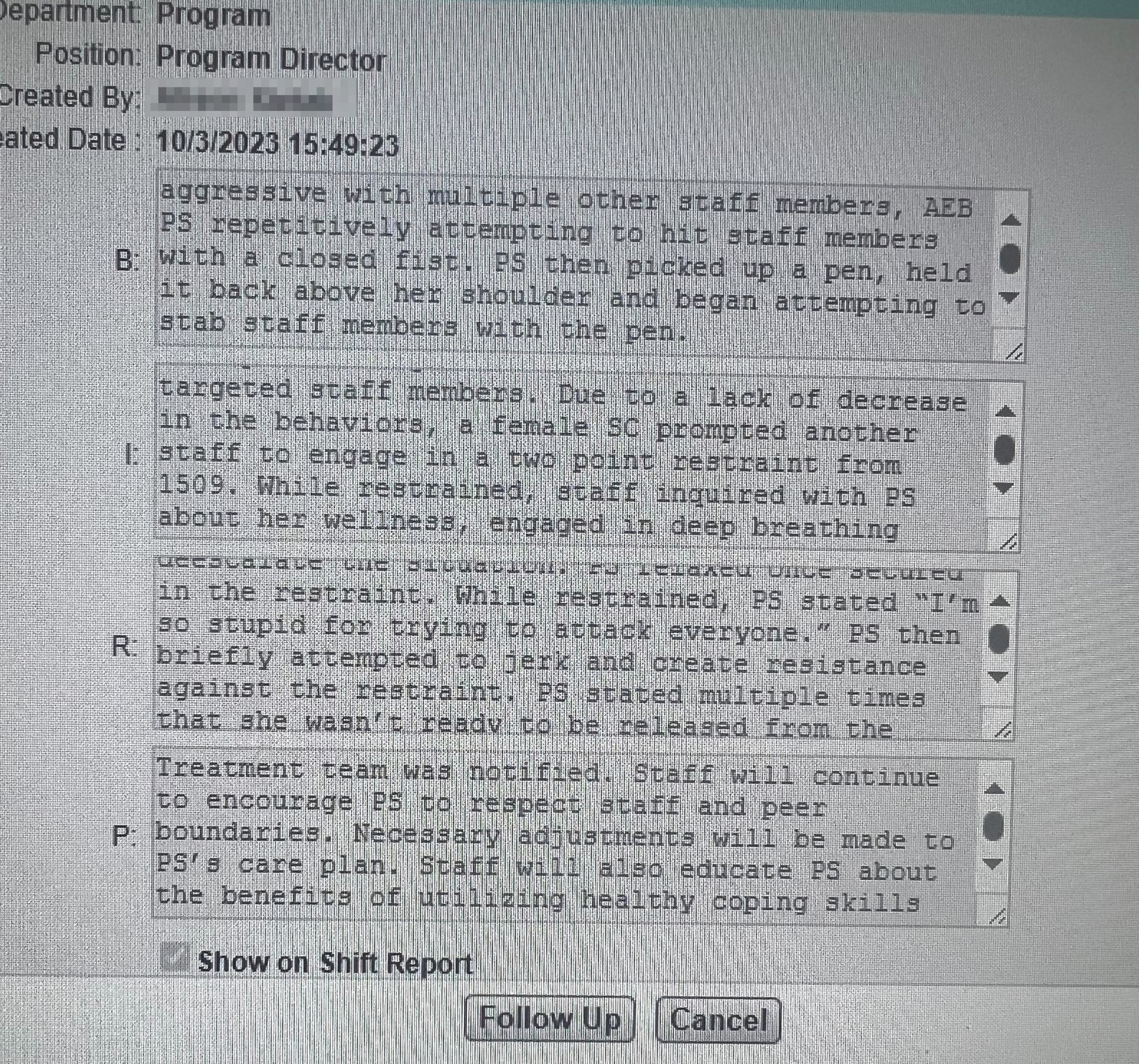 Notes document aggressive behavior of a staff member repeatedly attempting to hit others with a closed fist and a pen, leading to restraint and care plan adjustments.