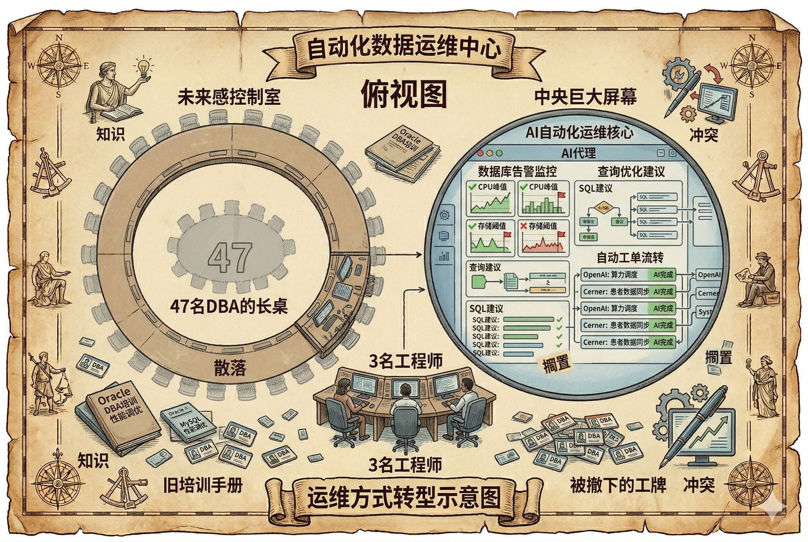 俯视一间未来感控制室,原本坐满47名DBA的长桌如今只剩3名工程师,中央巨大屏幕上的AI代理同时监控数据库告警、查询优化和自动工单流转,桌面散落旧培训手册与被撤下的工牌,羊皮纸,钢笔彩色手绘的统一风格。