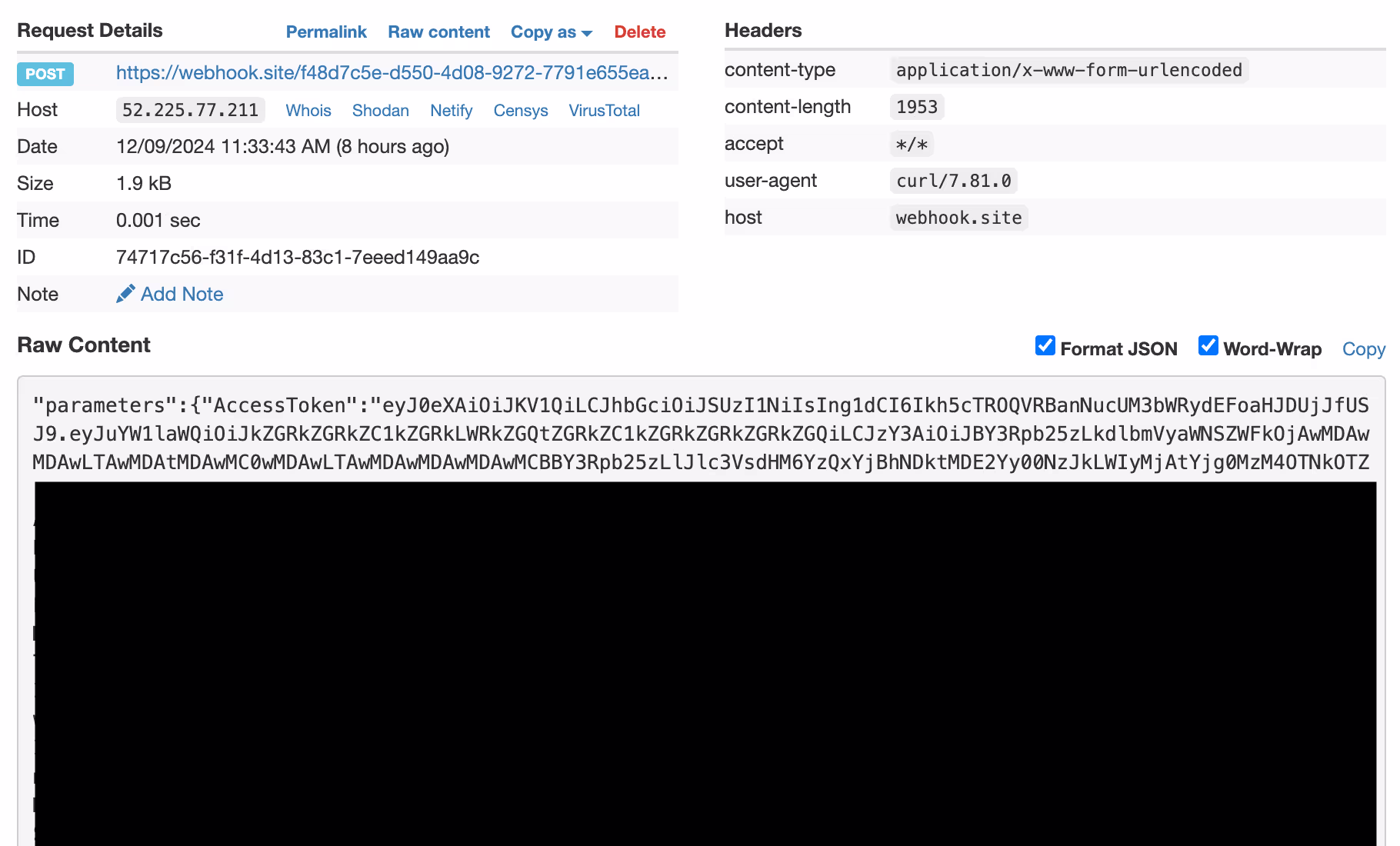 Image showing the exfiltration of CI/CD secrets, including AccessToken, sent to a controlled webhook by the attacker
