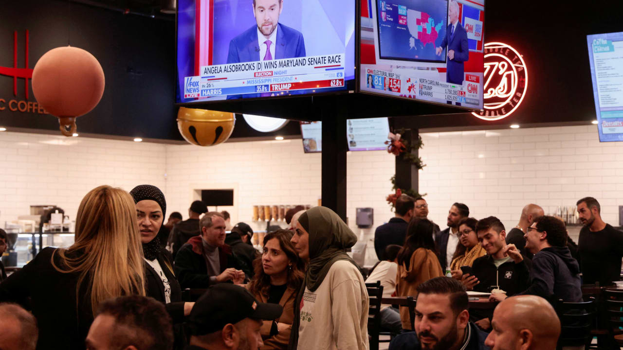 Arab Americans gather at a restaurant for a presidential election watch party In Dearborn, Michigan, US November 5, 2024.