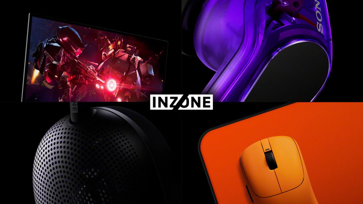 quadrant collage of new sony inzone headphones, monitor, gaming mouse, and earbuds