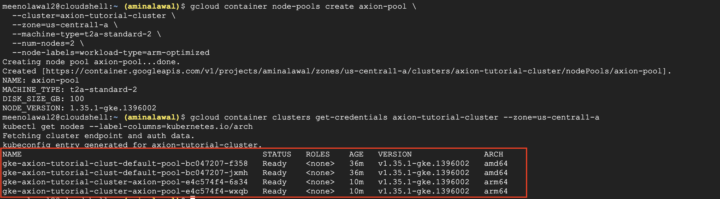 Terminal output of kubectl get nodes with a ARCH column showing amd64 for two default-pool nodes and arm64 for two axion-pool nodes.
