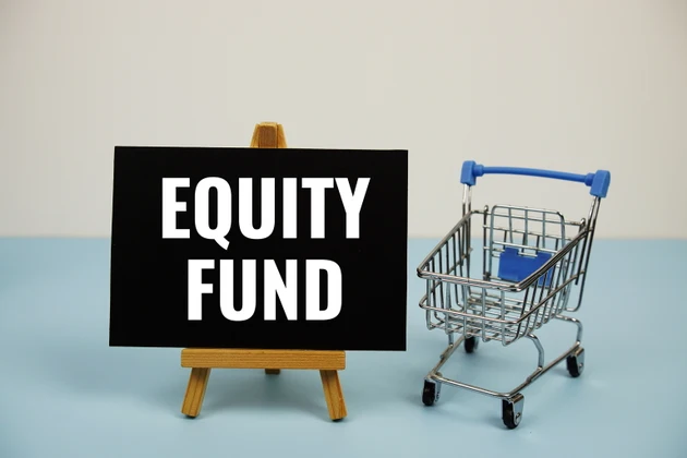 Equity Fund text message and trolley shopping cart on blue background